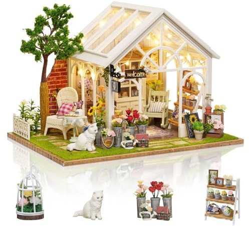 Cuteefun DIY Miniatur-Haus Bausatz für Erwachsene zum Bauen von DIY Handwerkshaus Modellbausatz mit Möbel und Werkzeug Machen Sie Ihr eigenes kreatives Geschenk (Sonnenschein Blumenhaus)
