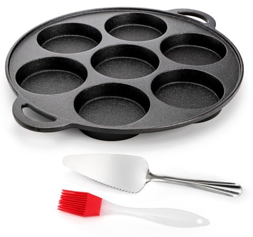 Hiceeden Cast Iron Muffin Pan, 7 Impressions Biscuit Pan with Handle, Pancake Mini Cake Pan with Spreader and Shovel for Baking Dessert, Cupcake