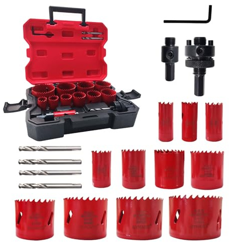 GVHAKG Lochsäge Set,16 tlg M42 Bi-Metall Lochsägen-Set über 8% Kobalt | Metall Dosenbohrer Lochbohrer Kreisschneider mit 4 Bohrer für Weichmetall, Holz, PVC- und Kunststoffplatten (Ø19-64 mm)