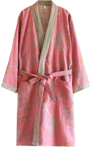 Glixoft Batas De Algodón De Estilo Japonés Albornoz De Primavera Y Otoño Kimono Informal Pijamas Yukata Camisón De Media Manga con Cinturón De Corbata para Mujer