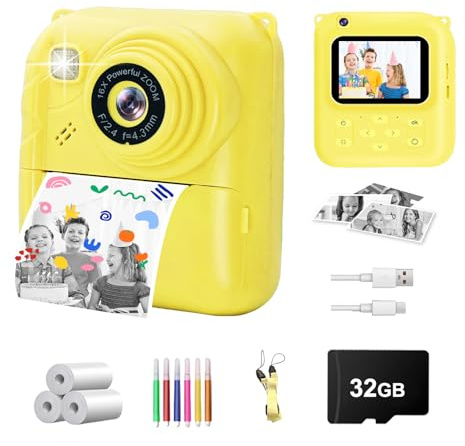 Instant Print Camera for Kids, 1080P Video Camera with 3 Print Rolls, 32GB Card & Cute Cover, Gift for Girls Boys Age 3-12, Toddler Digital Camera with Games, Filters, Music – Yellow