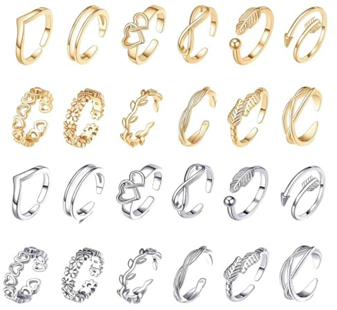 COYUN 24 Pcs Anelli da punta per donna, anelli aperti e regolabili, Set cavigliera e anello da piede,Anelli per piedi donna con ferma anello,Estivi Spiaggia Gioielli Piede Per Ragazza(Oro, Argento)