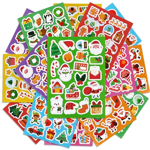 BETESSIN Aufkleber Weihnachten - 16 Bögen Weihnachtssticker mit niedlichen Weihnachtsmotiven - Weihnachtsaufkleber zum Gestalten von Weihnachtskarten, Adventskalender, Scrapbook, Fotoalben