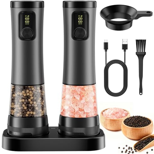 Electric Salt and Pepper Grinder Set - Rechargeable Salt Grinder with Led Power Display - Automatic Pepper Grinder with Storage Base - Pepper Mill with Light for Kitchen