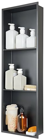 IKITRAEE Nicchia da parete in acciaio inox per la conservazione della doccia, a incasso, a parete integrata, per shampoo, cestino a tre ripiani (nero opaco, 90 x 30 cm)