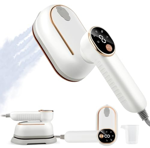 Steam Iron Travel Steamer - Travel Iron for Clothes with LCD Screen, Portable Handheld Clothes Steamer with 180° Rotatable Handle, 3 Steam Levels,10S Fast Heat-up for Travel, Home, Office (Off-white)