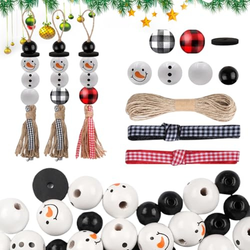 200 Stück Schneemann Holzperlen Weihnachten,natürliche Holzperlen für Schneemänner mit Schnur, Holz weihnachtsperlen Bastelset,für Junge Mädchen Schmuckherstellung Natürliche Weihnachtsdeko Perlen