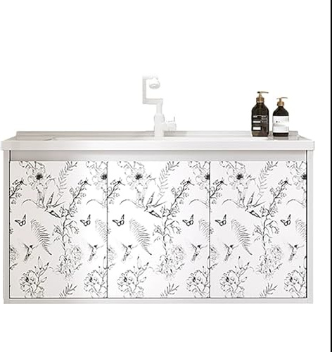 ZKBDBWTR Mueble de Baño Vintage Francés con Lavabo de Cerámica Integrado – Tocador de Aluminio Grueso con Diseño Floral Tipo Panal, Armario de Almacenaje para Baños Principales y de Invitados