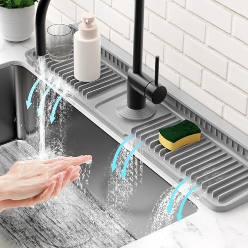 24 Longer Faucet Mat for Kitchen Sink Splash Guard[7° Slope Fast Self-draining][Snap Lock Fit] Kitchen Sink Faucet Mat Splash Guard Kitchen Sink Area Water Splash Guard (Gray, 24 x 5.5)