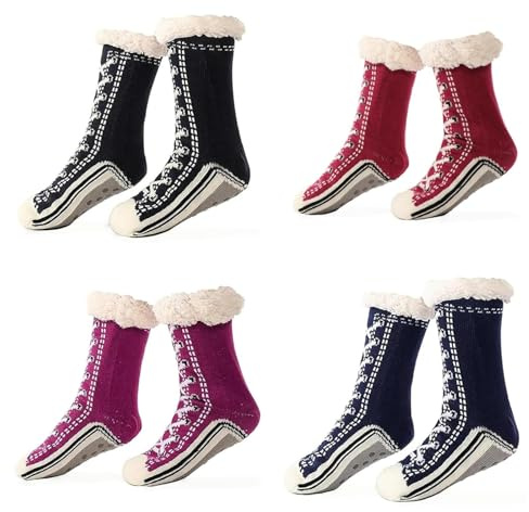 Unisex tjock kashmirtoffel hemstrumpor fluffiga plysch bekväma sovskor halkfria greppiga stövlar termiska plyschtossor, 4 st F, One Size
