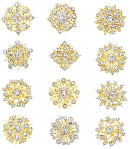 Lot de 12 broches en forme de fleur en strass pour mariage - Assortiment de 12 broches pour femme - Décorations artisanales pour bouquets, sacs, chaussures et robes