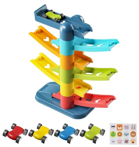 Rennbahn - Rampen Auto Holz mit 4 Mini-Autos | Pneumatisches Spielzeug 2-in-1 Faltbarer Rennturm | Bunte Fahrzeugbahn für Kinder über 3 Jahre Lernen Spaß Entwicklung Stanz