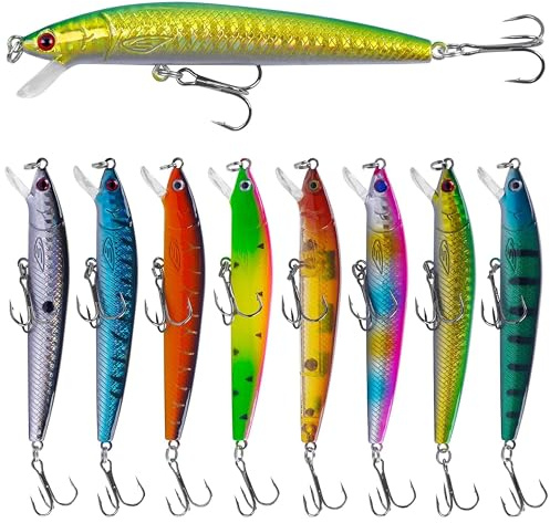 Topwater Lot de 8 leurres de pêche artificiels Wobbler Minnow Leurre de natation Jerkbait avec hameçons triples pour eau salée et eau douce (C-8 pièces)