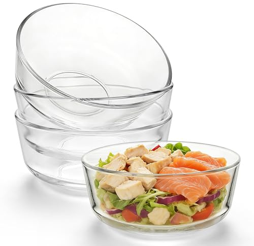 Aleker 14cm Glass Bowls Set of 4,600ml Clear Round Salad Cereal Bowl Yogurt Fruit Bowl,Stackable Crystal Glass Mixing Bowls for Baking for Cake, Ice Cream, Sauce, Snack, Fruit Crumble Dishwasher Safe