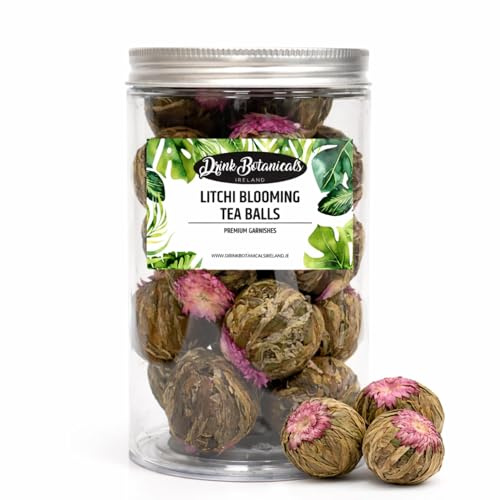 Natural Litchi Blooming Tea Balls | 16+ Hand Tied Flowering Green Tea Leaves | 100% Natural | 300+ Cups | Edible Flowers, Lychee Blooming Flower Tea | PET Jar | Drink Botanicals Ireland, 115G,4.06OZ