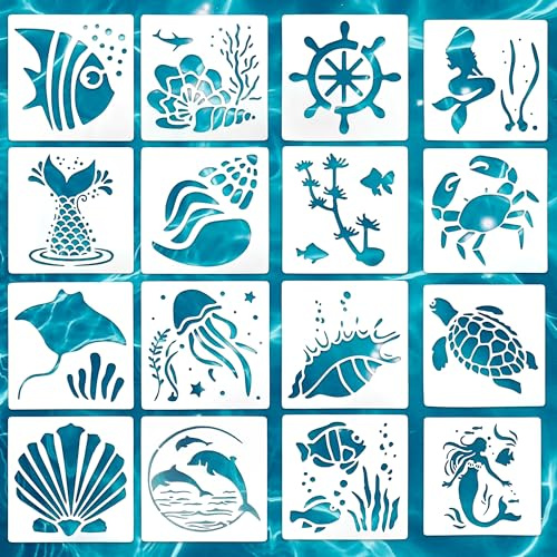 16 Stück Ozean Schablonen, Wiederverwendbare Schablonen Textilgestaltung | für Stoff Holz Leinwand Stencils for Painting mit Meerestier Motiven, Ozean Malschablonen für DIY Projekte