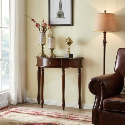 BEBANE Consolle in legno massello a mezzaluna con cassetto — tavolino da divano vintage semicircolare, adatto per soggiorno, ingresso, corridoio e atrio(Walnut,80cm/31.5in)