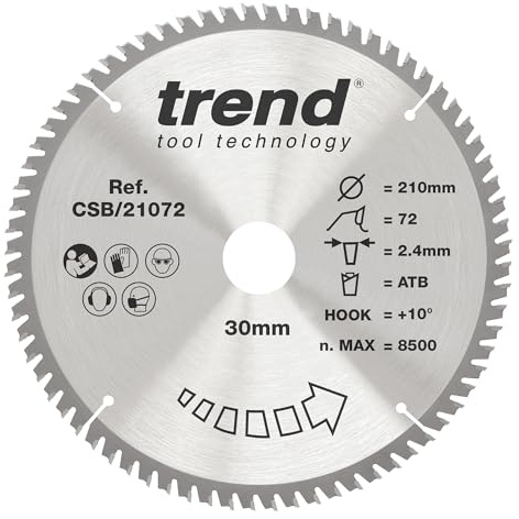 Trend Trä Cirkelsågklinga, 210 mm Diameter, 30 mm Hål, 72 Tänder, 2.4 mm Snittbredd, +10° Krok, Hårdmetallspets (Tct), Extra Fin Finish, Csb/21072