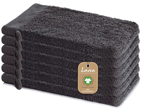 Lavea® 6 Guantes de Baño 16 x 22 cm cm in Rizo de Algodón Orgánico 100% Suaves y Absorbentes, para Casa, Hotel y SPA – Manopla de Baño con Colgador – Antracita