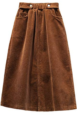 CHARTOU Women's Winter Corduroy Elastic Waist Ruffle A-Line Midi Long Skirt (X-Large, Khaki)