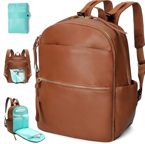Wickeltasche Rucksack Mominside Leder Babytasche mit 6 isolierten Taschen für Mama Papa Baby Registrierungssuche Wickelstation Kinderwagengurte große Kapazität für nasse Kleidung wasserdicht (braun)