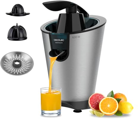 Cecotec EssentialVita PowerFresh 600 Inox - Spremiagrumi elettrico da 600 W, corpo e filtro in acciaio inox, 2 coni staccabili, ugello antigoccia, parti lavabili in lavastoviglie