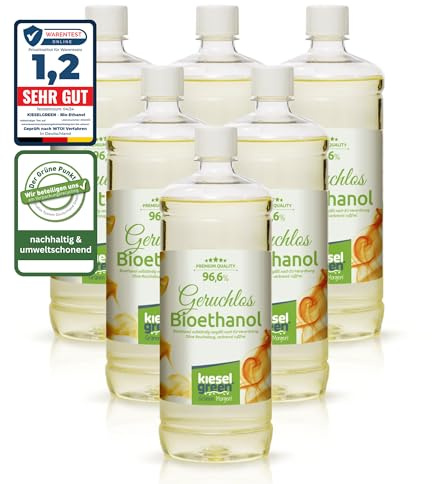 KieselGreen Bioethanol 6 x 1 Liter mit Duft für Ethanol-Kamin, viele Sorten - Bio Ethanol als Raumduft in vielen Duftnoten - Parfüm für Bio Ethanol Kamin Indoor oder Bioethanol Tischfeuer (Geruchslos)