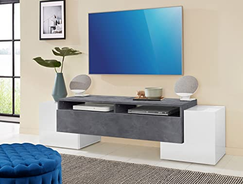 möbelando TV-Lowboard Unterschrank HiFi Rack Fernsehtisch Wohnzimmer Schrank Pinerolo II Weiß Hochglanz/Schiefer