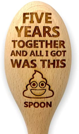 Five Years Together Funny Novelty Engraved Wooden Spoon | Prank Gift for 5th Fifth Year Couples Wood Wooden Wedding Anniversary | Perfect for Him or Her