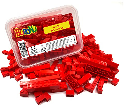 Buroku Red Set - Confezione da 165 mattoni da costruzione rossi. Varie misure. Bricks giocattolo compatibile con tutte le marche. Grandi pezzi