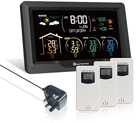 KETOTEK Wireless Radio Weather Station with 3 Outdoor Sensors | Indoor Outdoor VA LCD Digital Thermometer Hygrometer Barometer with MSF,Alarm Clock,Weather Forecast,Moon Phase