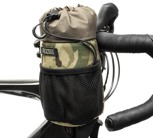 PACK2RIDE Bongo Bike Handle Bag - Water Resistant Bicycle Accessories for Gravel & Road Bikes - Durable Travel Bag with Water Storage - Saddle & Handlebar Compatible (Multicam Camo)