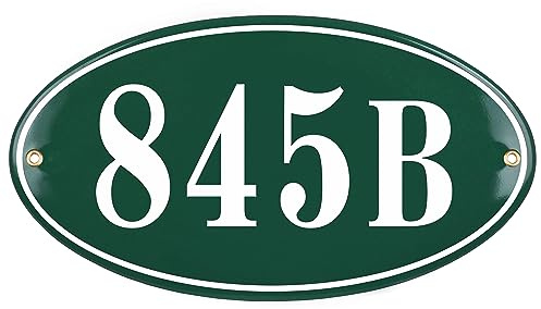 Hausnummer Hausnummernschild Emaille 18x33 cm Oval, Emailschild, Hausschild, Individuell anpassbare Hausnummer, Vorbohrungen, Wetterfest, Türschild, Wunschtext, Keramik Emaille (Grün (dunkel))
