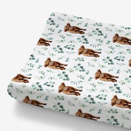 HawSkgFub Highland Cow Eucalyptus Leaf Changing Pad Cover for Baby Girl Boy, Natural Western Farm Animal Diaper Change Table Covers, Soft Stretchy Safe Snug Fitted Changing Mat Sheet Fit 32/34 x 16