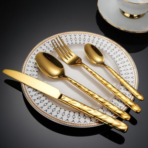 ESSONIO Besteckset Gold Besteck Set 12 Personen 48-Piece Cutlery Set with Welligkeit Handles Spiegelpoliertes Besteckset Spülmaschinenfest Elegantes Tafelbesteck für Home