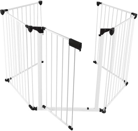 Homewell Kaminschutzgitter Baby mit Tür 300cm Metall Laufgitter | Erfordern Bohren | Metall Selbstschließend | 90° Stop | Türgitter Faltbar 5 Stück Packung (Weiß)