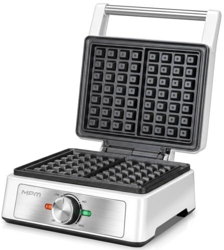 MPM Belgisches Waffeleisen Doppelt 1600W - Antihaftbeschichtung, Thermostat | Waffelkucheneisen für 2 belgische Waffeln, tiefe Antihaftplatten, schnelles Aufheizen, leichte Reinigung, Silber, MGO-41