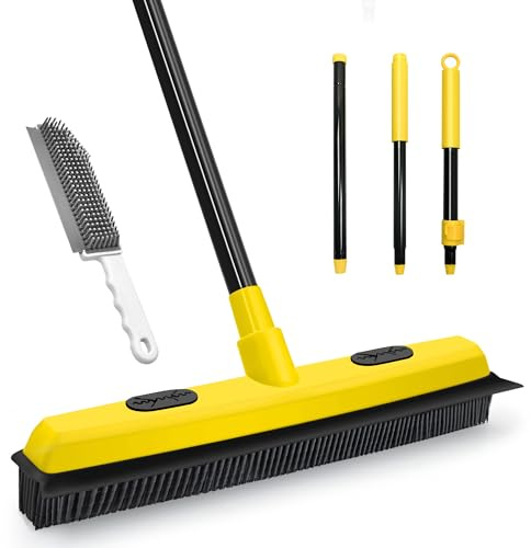 Dolanx Rubber Broom with Squeegee, Pet Hair Removal 52.8 inches Long Handle, Push Fur Remover Tool with Portable Detailing Lint Brush for Fluff Carpet, Window, Tile, Hardwood Floor Cleaning (Yellow)