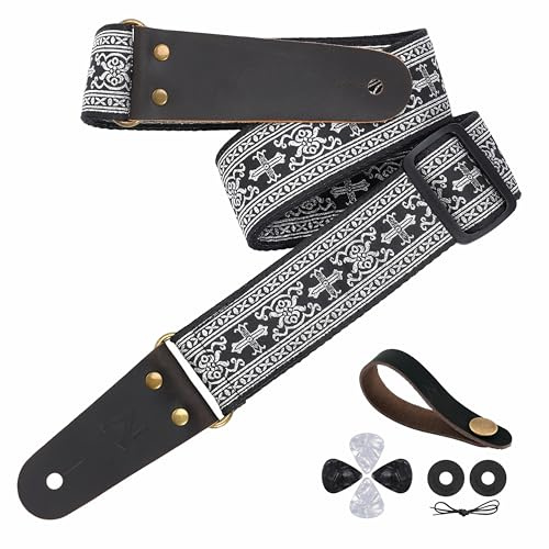 Nefelibata Gitarrengurt, 2 bestickte Gitarrengurte, Vollnarbenlederenden mit unsichtbarer Tasche, für Bass-, Elektro- und Akustikgitarren, kostenlose Schnalle, Gurtschloss und Plektren