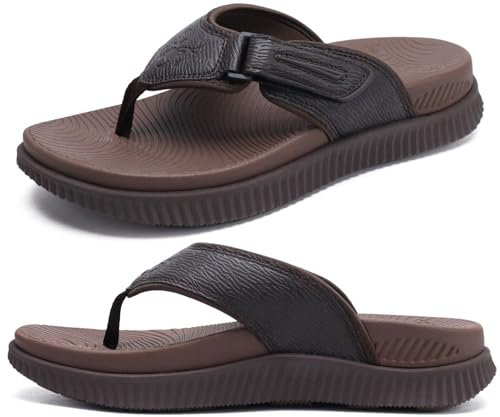 Mens Leather Flip Flops Men's Recovery Walking Sandals Orthotic Thick Athletic Cushion Sport Slider for Man Outdoor Summer Beach Water Sandals with Comfortable Plantar Fasciitis Arch Support,8 Brown