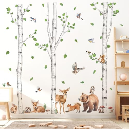 wondever Wandtattoo Baum Birke Groß Waldtiere Wandsticker Tiere Bär Rehe | Abziehen und Aufkleben, Abziehbar, Wandaufkleber Selbstklebend für Kinderzimmer Babyzimmer Schlafzimmer Wanddeko