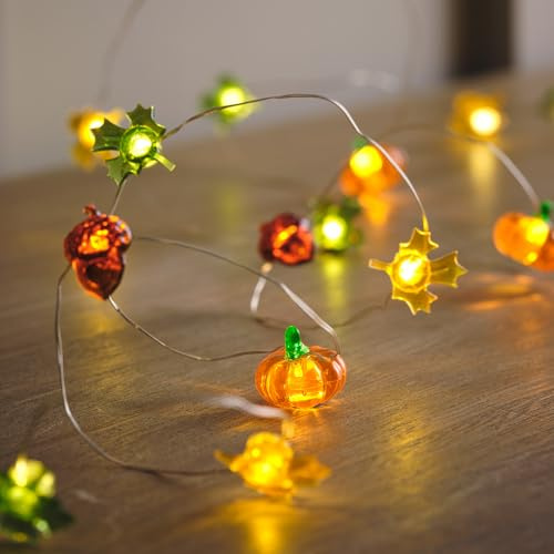 Lights4fun Halloween Indoor 30 Warm White Micro LED Battery Operated Autumn Pumpkin, Maple Leaf & Acorn String Fairy Lights with Timer 2.9m