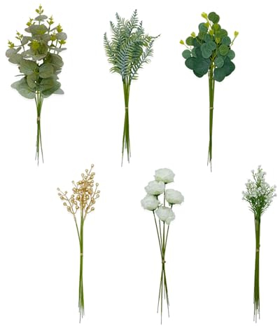 MCDSAJ Set mit Künstlichen Grünstielen, 60-teilig, mit 6 Arten Künstlicher Grünzweige, Künstlicher Eukalyptus für Selbstgemachte Brautsträuße, Hochzeiten, Blumenarrangements, Partys,(B: Weißgrün)