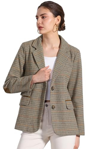 Allegra K Blazer de Bureau Formelle Femme Veste à Carreaux avec Col Rever Cranté et Poches Blazer Business Boutonné Marron S