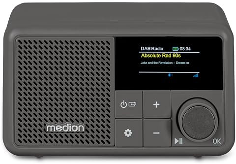 MEDION S66822 Radio Portable Mini Dab+ avec Bluetooth (Batterie Rechargeable, écran Couleur à intensité Variable, antenne télescopique, minuterie de Mise en Veille, réveil, AUX, USB-C) Gris