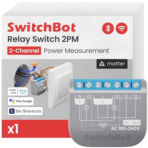 SwitchBot Relay Switch 2PM, Doppio Controllo Luci con Misurazione dei Consumi,Ripetitore Bluetooth Integrato,Wi-Fi(Solo 2,4GHz). Compatibile con Alexa/Apple Home/Google Home/Matter(Richiede Hub