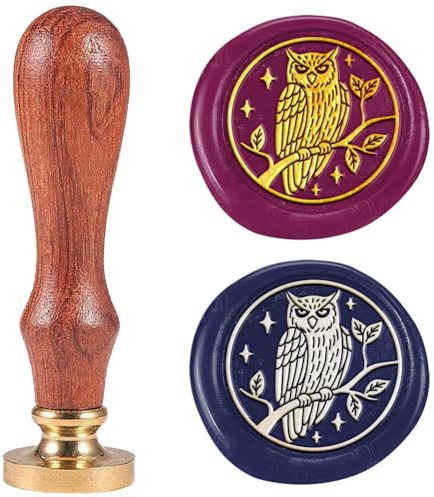 DELORIGIN Siegelstempel Mit Eulen Herbstmotiv 25mm Abnehmbarer Messingkopf Mit Holzgriff Siegelwachsstempel Für Umschläge Einladungen Herbstfest Geschenkkarten Dekor