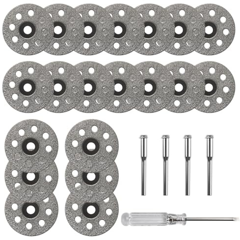 Venturovere 20pcs 22mm Diamond Cutting Discs for Dremel Rotary Tool - Precision Grinder & Rotary Cutter, Includes 4pcs 3mm Mandrel & Screwdriver, Ideal for Metal, Glass, Ceramics, and Gem Stones