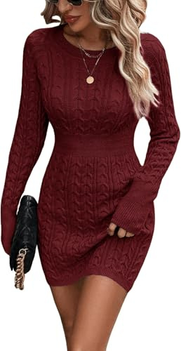 ELFIN Strickkleid Damen Bodycon Pulloverkleid Elegant Herbst Winterkleid Rundhals Langarm Freizeitkleid Cable Knit Sexy Minikleid (S, Weinrot)