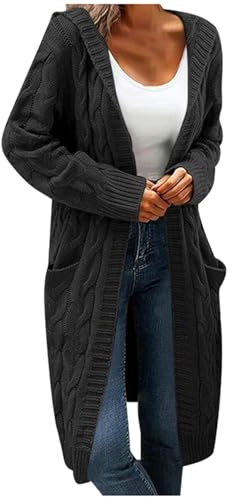 Generisch Strickjacke Damen Lang Cardigan mit Taschen Jacke Open Front Strickjacken mit Kapuze Strickmantel Strick Grobstrickjacke Longstrickjacke Oversize, Schwarz, XXL